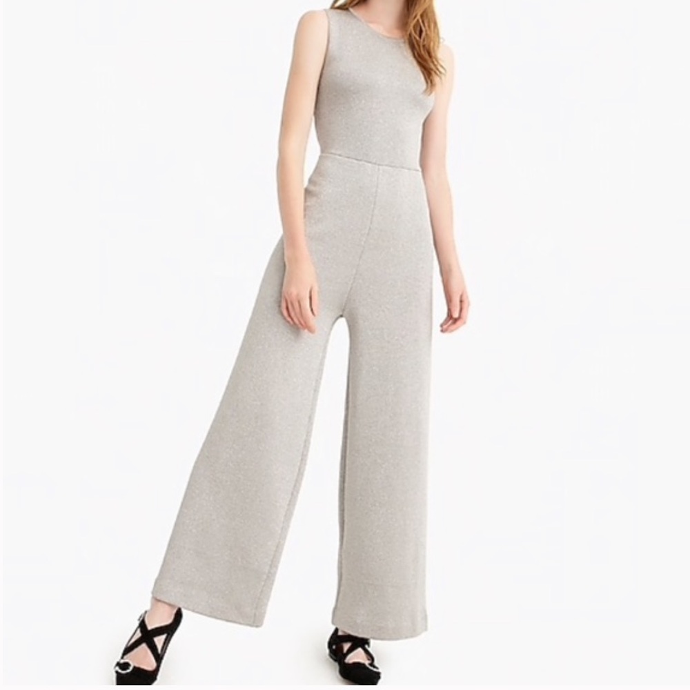 J Crew Metallic Silver Lurex Wide Leg Jumpsuit